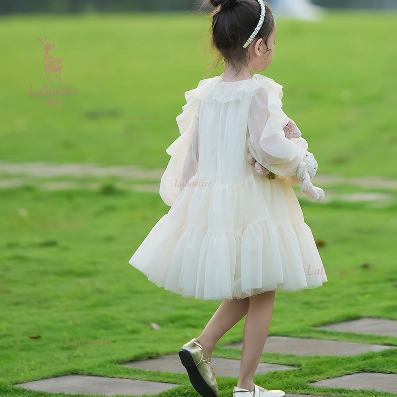 女童香槟色荷叶袖礼服裙