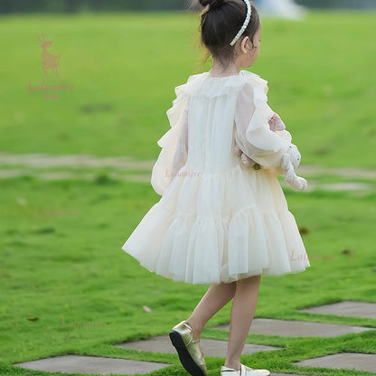 女童香槟色荷叶袖礼服裙
