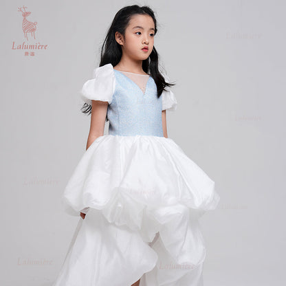 女童奇云提花拖尾礼服裙