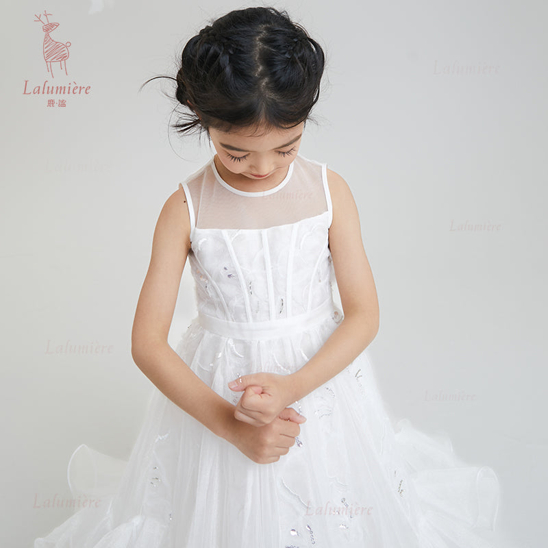 女童白色插片无袖小礼服裙