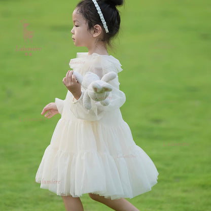 女童香槟色荷叶袖礼服裙