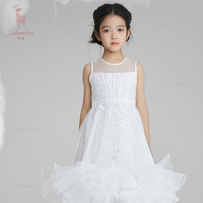 女童白色插片无袖小礼服裙