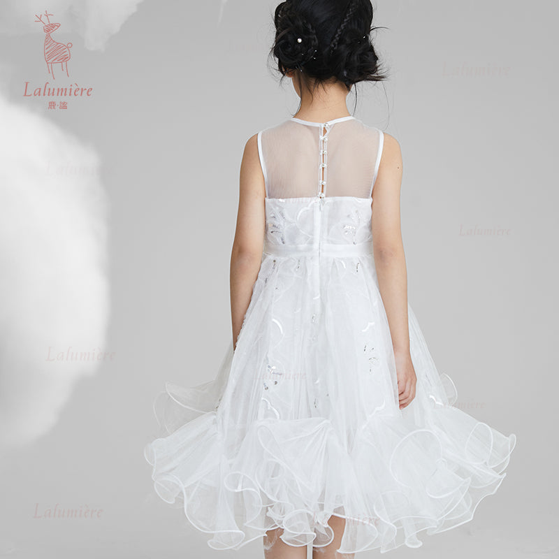 女童白色插片无袖小礼服裙