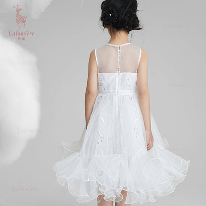 女童白色插片无袖小礼服裙