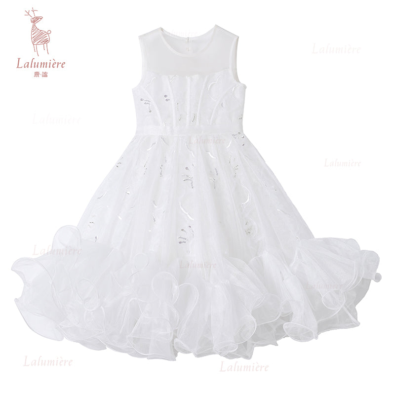女童白色插片无袖小礼服裙
