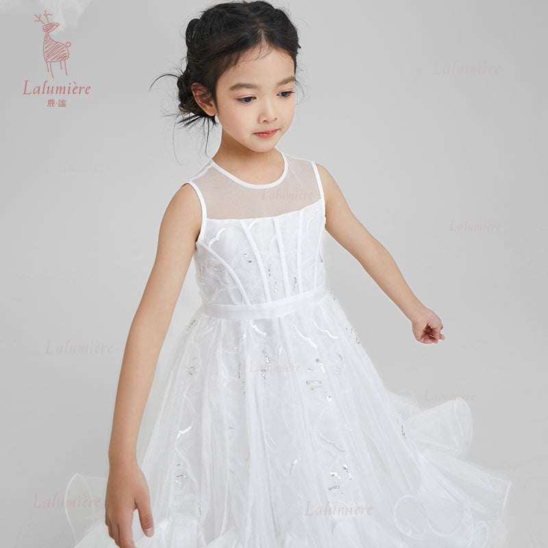 女童白色插片无袖小礼服裙
