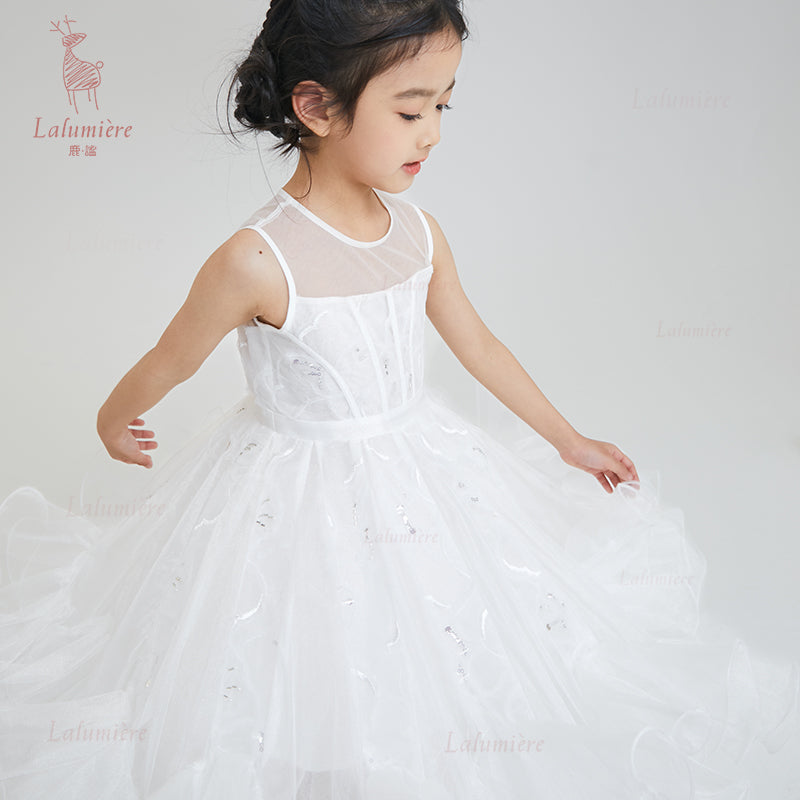 女童白色插片无袖小礼服裙