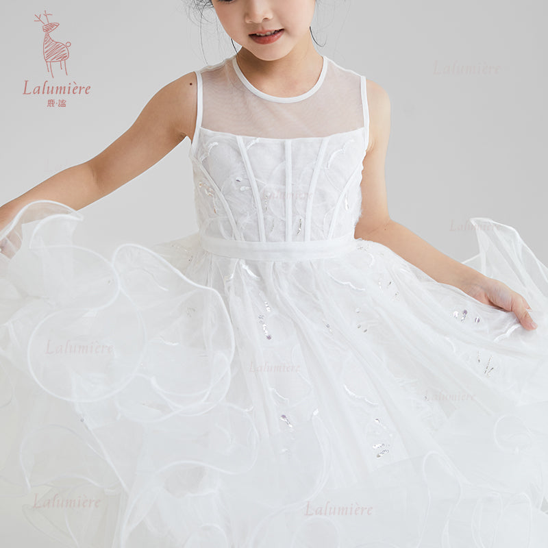 女童白色插片无袖小礼服裙
