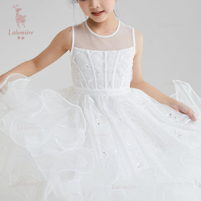 女童白色插片无袖小礼服裙