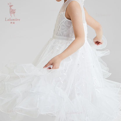 女童白色插片无袖小礼服裙