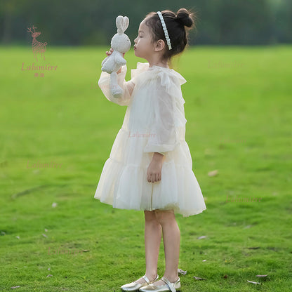 女童香槟色荷叶袖礼服裙