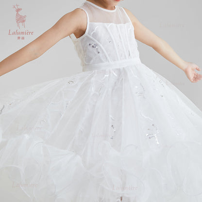 女童白色插片无袖小礼服裙