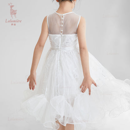 女童白色插片无袖小礼服裙