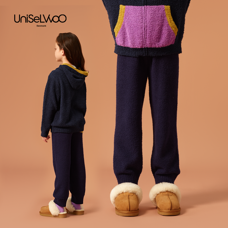 亲子款藏青色半边绒长裤