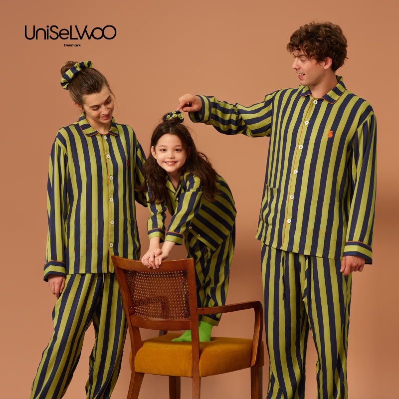 亲子款蓝绿色条纹天丝睡衣套装