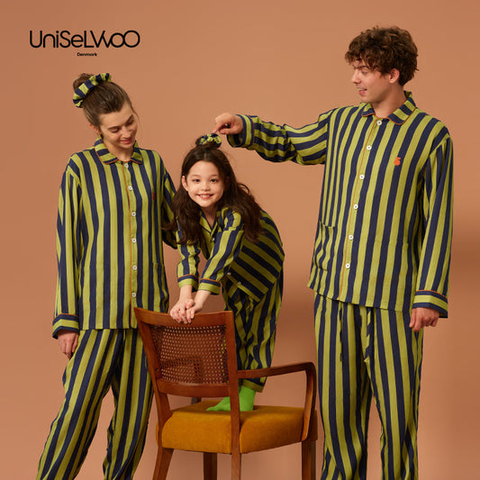 亲子款蓝绿色条纹天丝睡衣套装