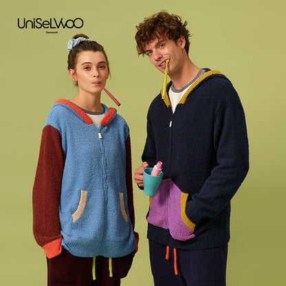 亲子款蓝棕色半边绒拉链卫衣