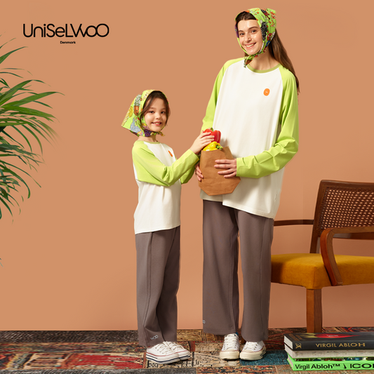 亲子款牛油果绿拼接色噗噗棉插肩长袖T恤