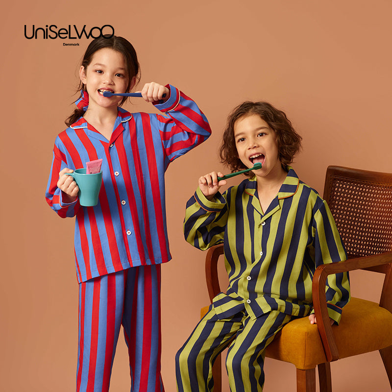 亲子款蓝绿色条纹天丝睡衣套装