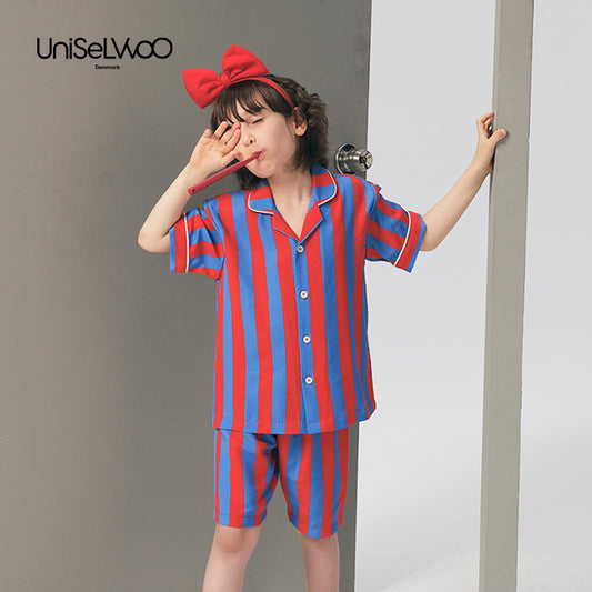 儿童红蓝色条纹天丝睡衣套装