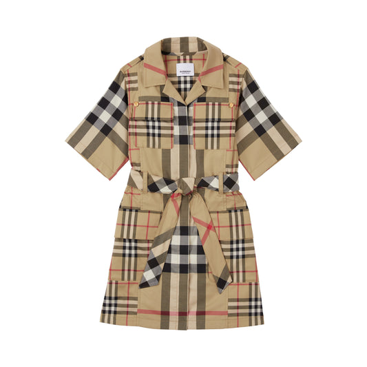 女童米色格子棉连衣裙