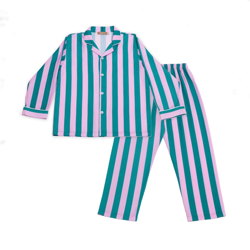 亲子款粉色&绿色条纹天丝睡衣套装