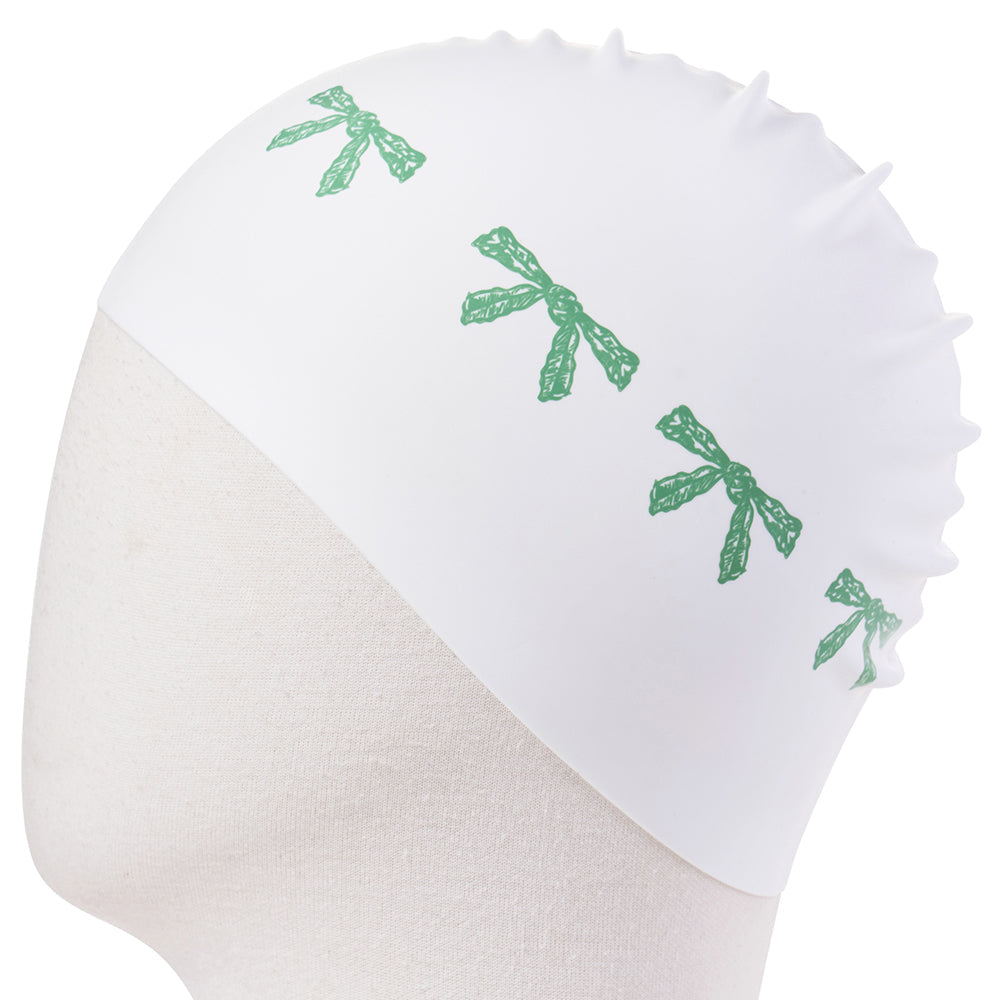 成人款绿色蝴蝶结印花硅胶泳帽