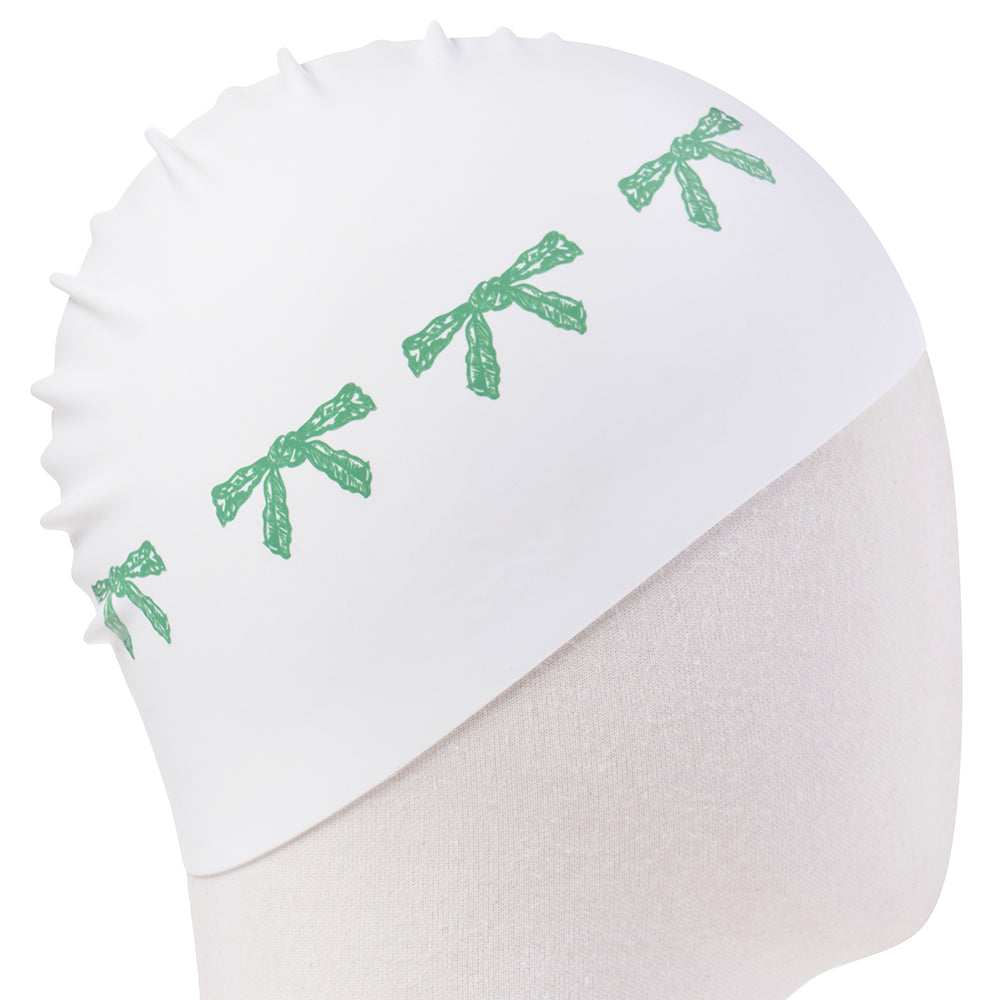成人款绿色蝴蝶结印花硅胶泳帽