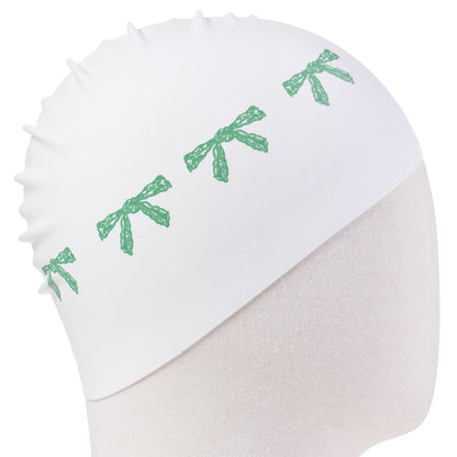 成人款绿色蝴蝶结印花硅胶泳帽