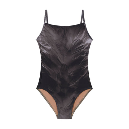 女士黑色羽毛吊带芭蕾舞连体衣(181LE01VL/black)