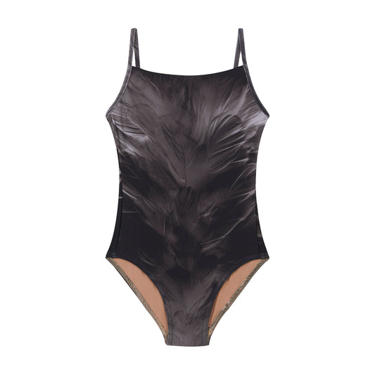 女士黑色羽毛吊带芭蕾舞连体衣(181LE01VL/black)