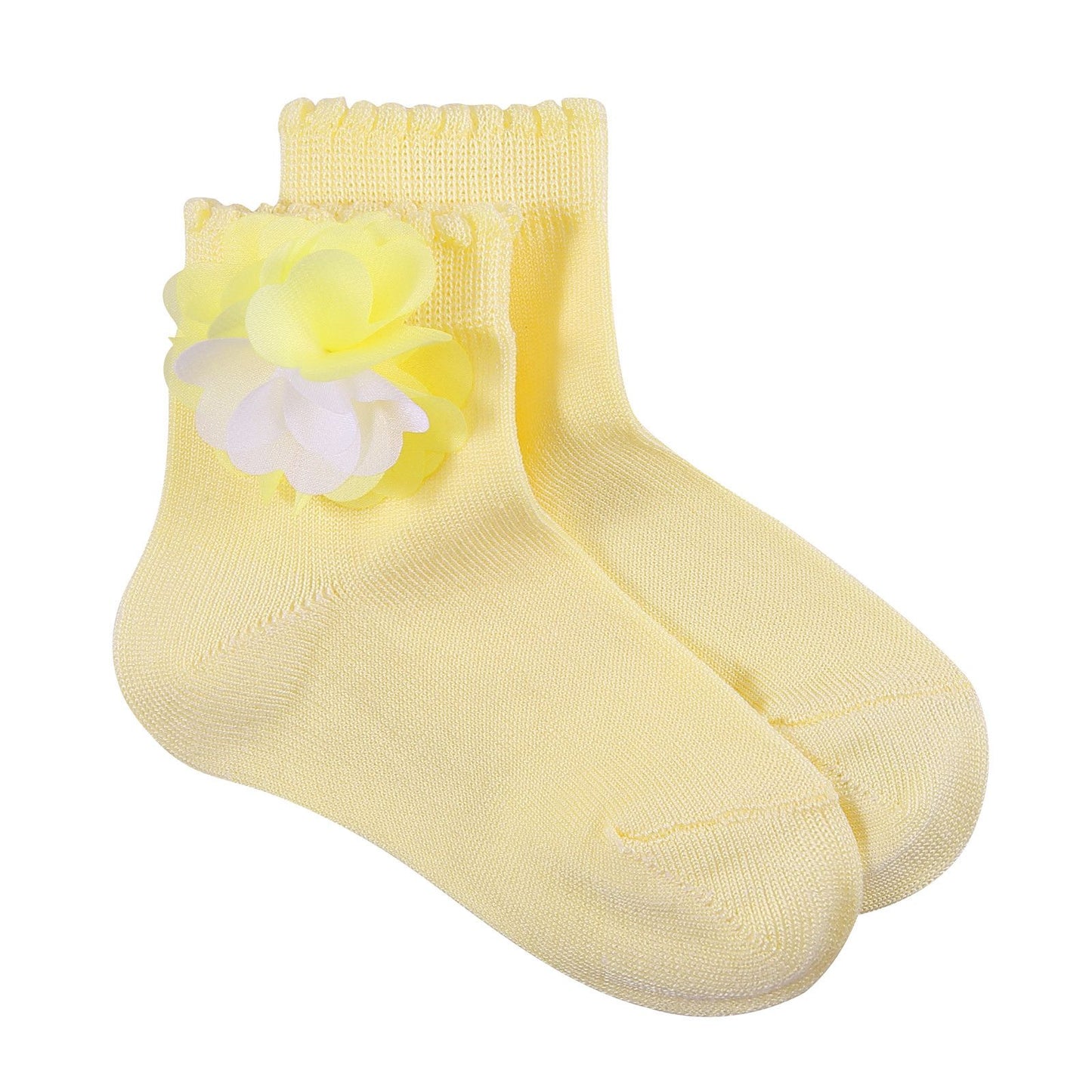 Girls Yellow Cotton Short Socks With Patch Flower Trims