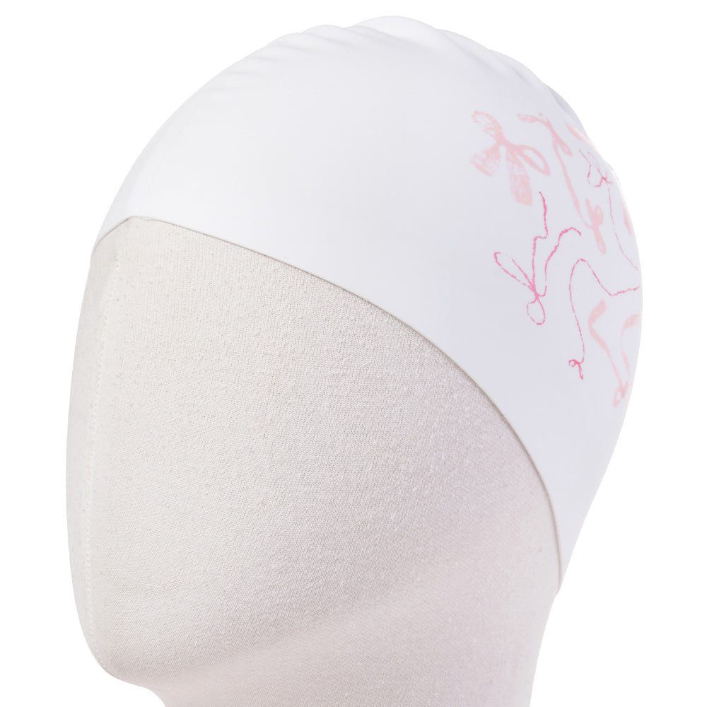成人款粉色丝带印花硅胶泳帽