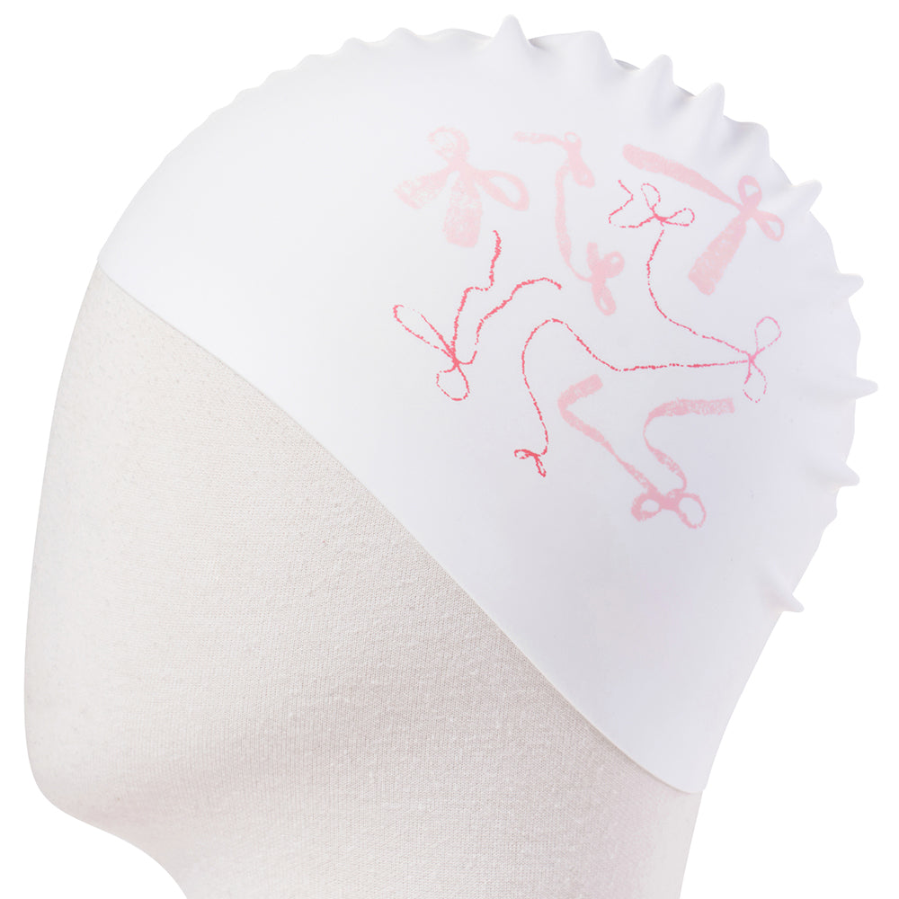 成人款粉色丝带印花硅胶泳帽