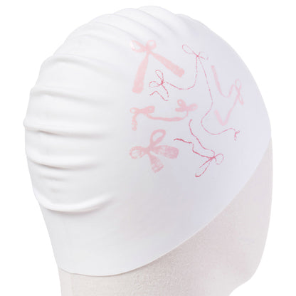 成人款粉色丝带印花硅胶泳帽