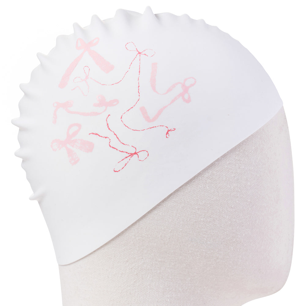 成人款粉色丝带印花硅胶泳帽
