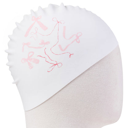 成人款粉色丝带印花硅胶泳帽