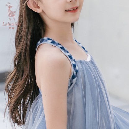 女童海蓝色编织吊带娃娃裙