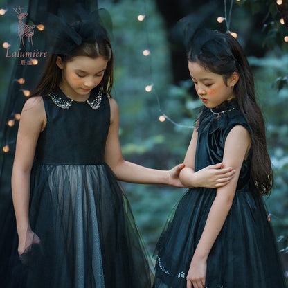 女童珠绣黑粉渐变礼服裙