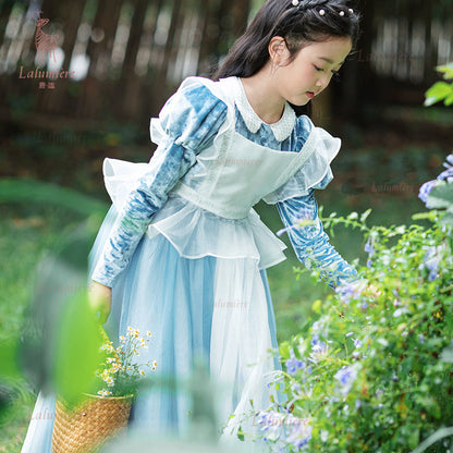 女童蓝色丝绒拼纱秘境公主裙
