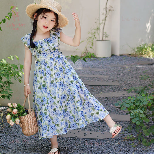 女童蓝色印花露背度假裙