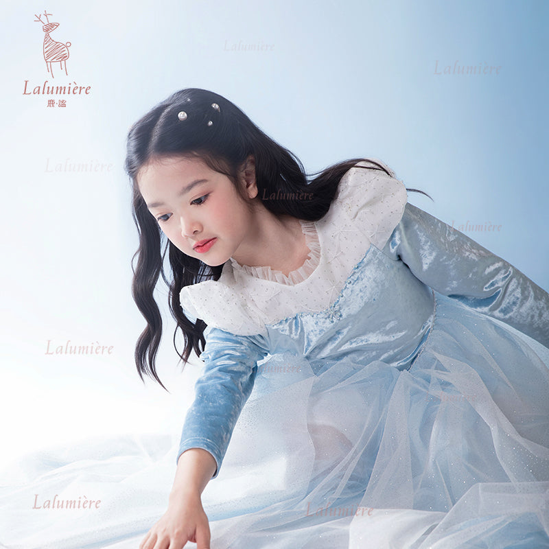女童蓝色冰雪丝绒拼纱公主裙