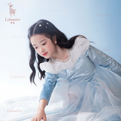 女童蓝色冰雪丝绒拼纱公主裙