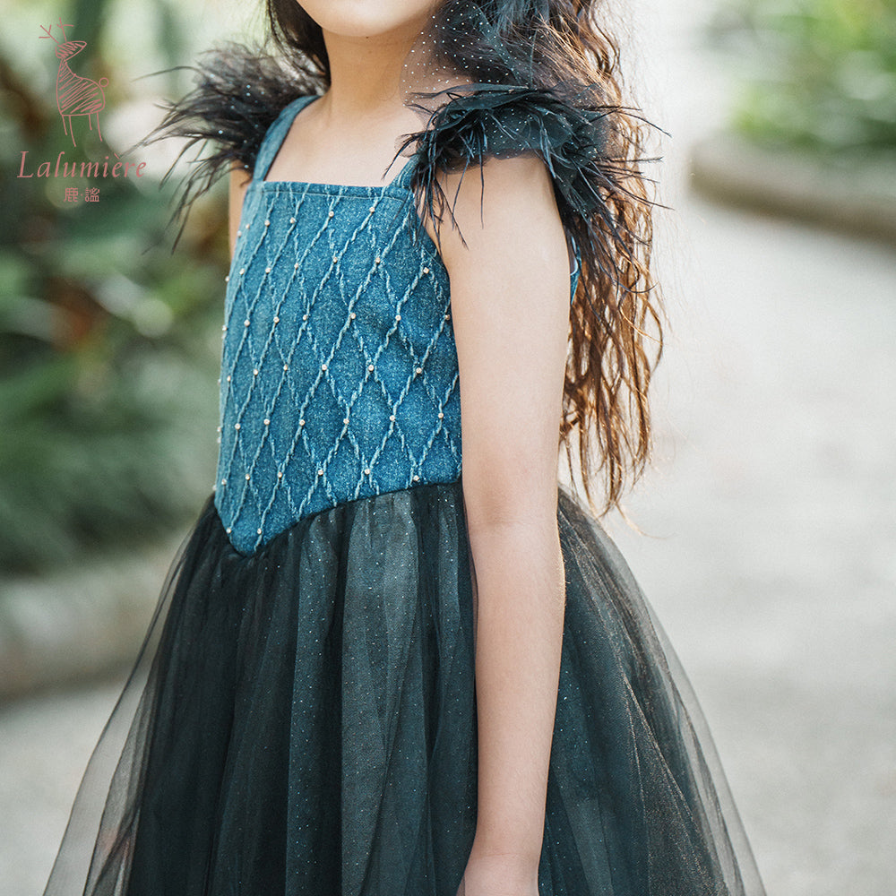 女童牛仔羽毛吊带裙