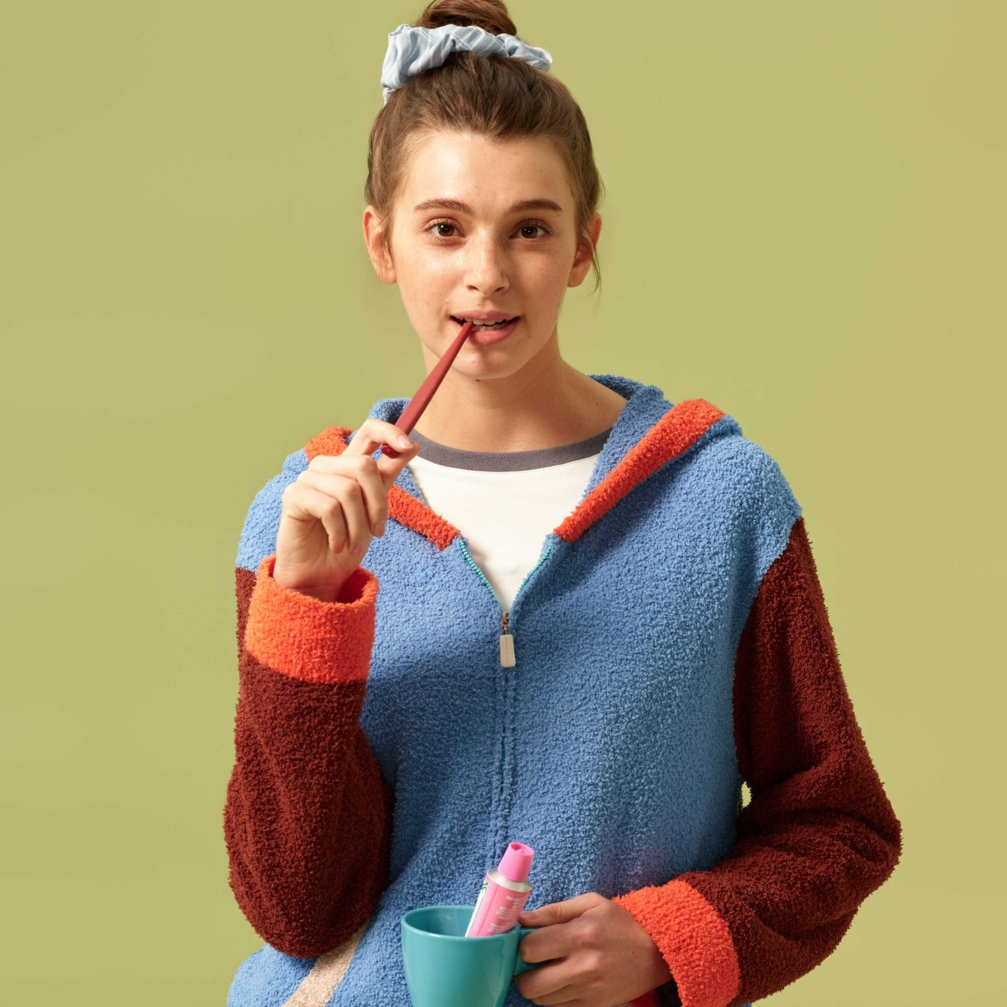 亲子款蓝棕色半边绒拉链卫衣