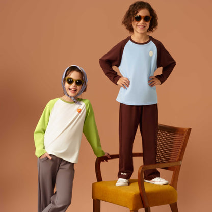 亲子款蓝棕色噗噗棉插肩长袖T恤