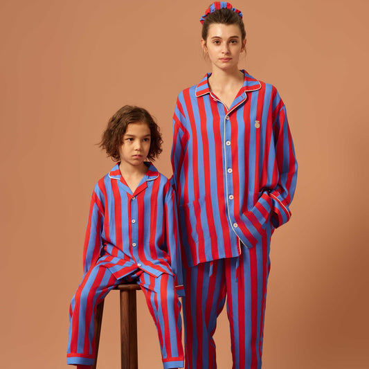 亲子款红蓝色条纹天丝睡衣套装