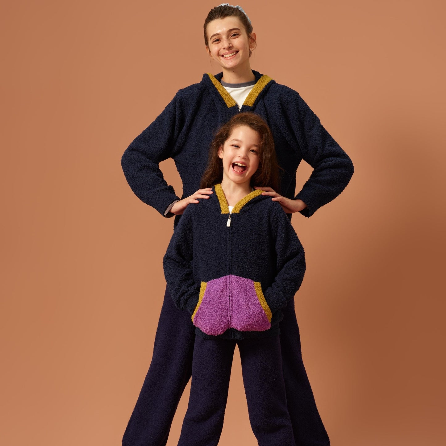 亲子款藏青色半边绒拉链卫衣