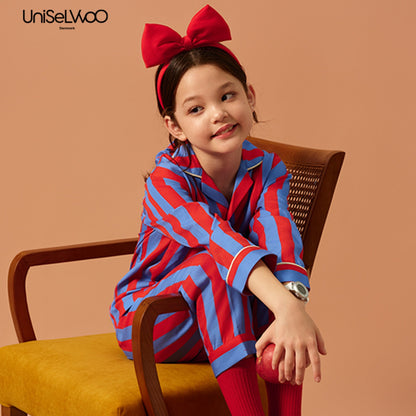 亲子款红蓝色条纹天丝睡衣套装