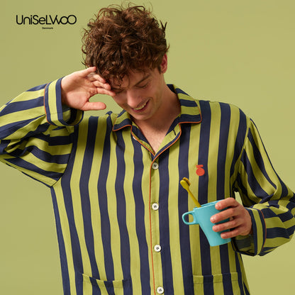 亲子款蓝绿色条纹天丝睡衣套装